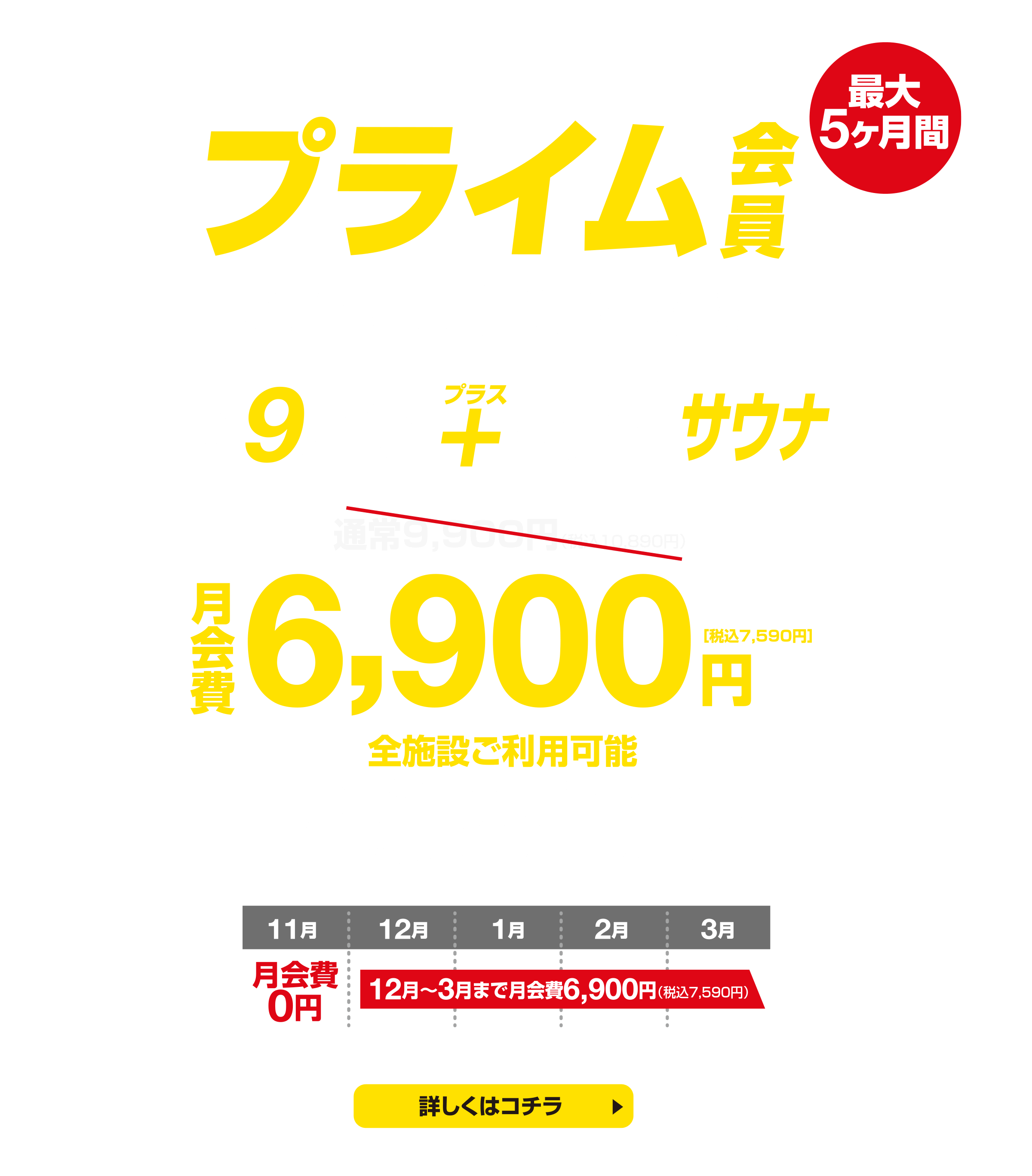 【プライム会員が月6900円】スタジオ・温泉・プール・５店舗ジムエリア・ロウリュサウナ・岩盤浴が使い放題！